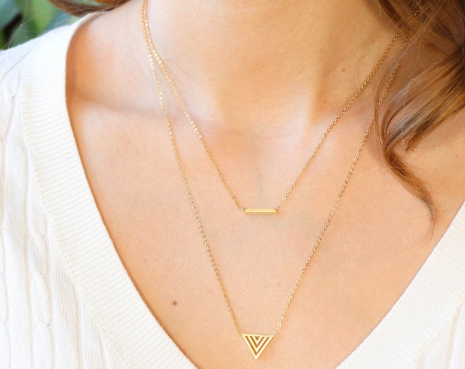 Layered Bar Necklace with Hollow Triangle Pendant for Women
