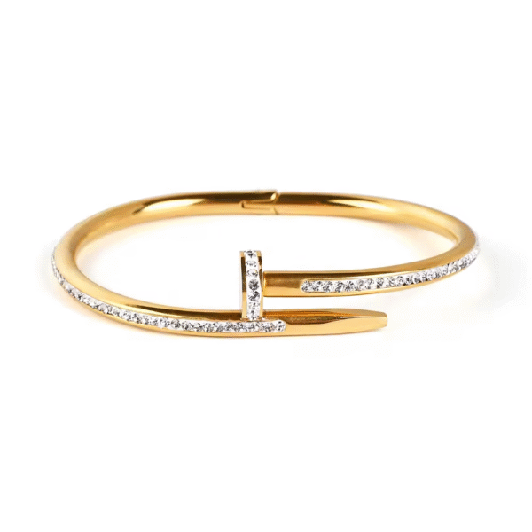 Gold Nail Design Bangle Bracelet with Sparkling Crystals Close Up