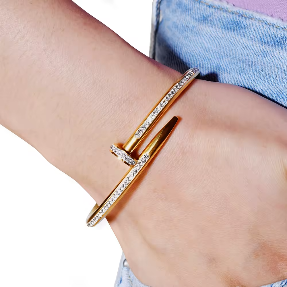 Luxury gold nail bangle bracelet with crystals