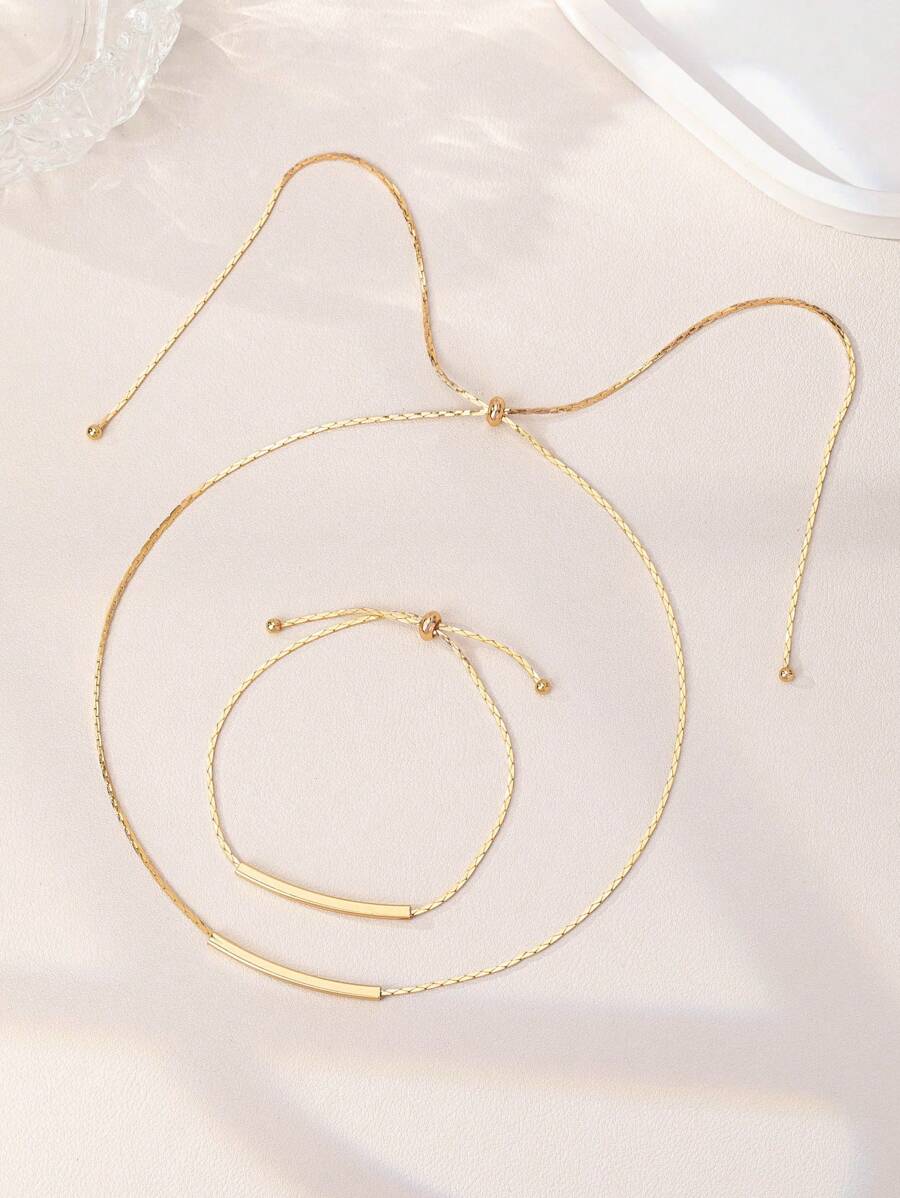 Minimalist Gold Tone Copper Geometric Bar Necklace and Adjustable Bracelet Set for Women
