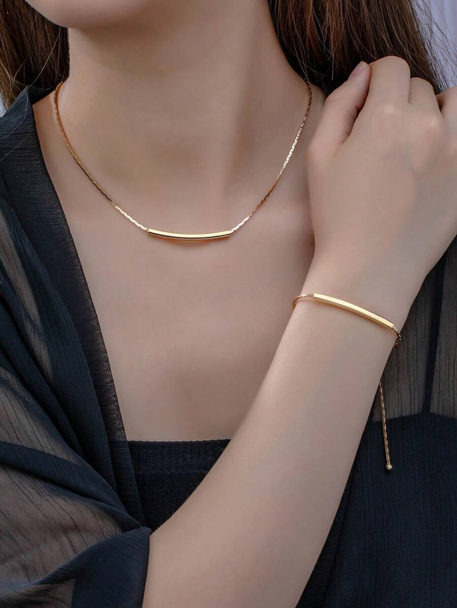 Gold Tone Copper Geometric Necklace & Bracelet Set