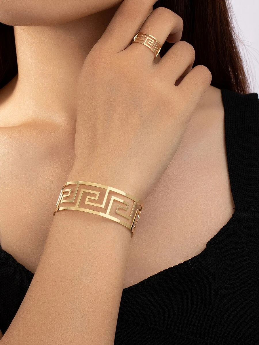 Geometric Greek Key Hollow Cuff Bracelet & cuff Ring Set for Women