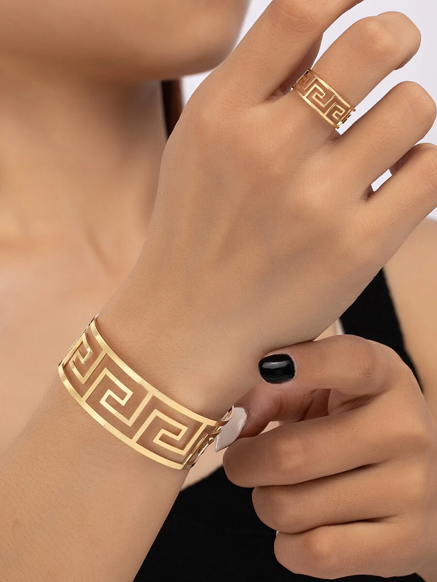 Geometric cuff bracelet and cuff ring set for women
